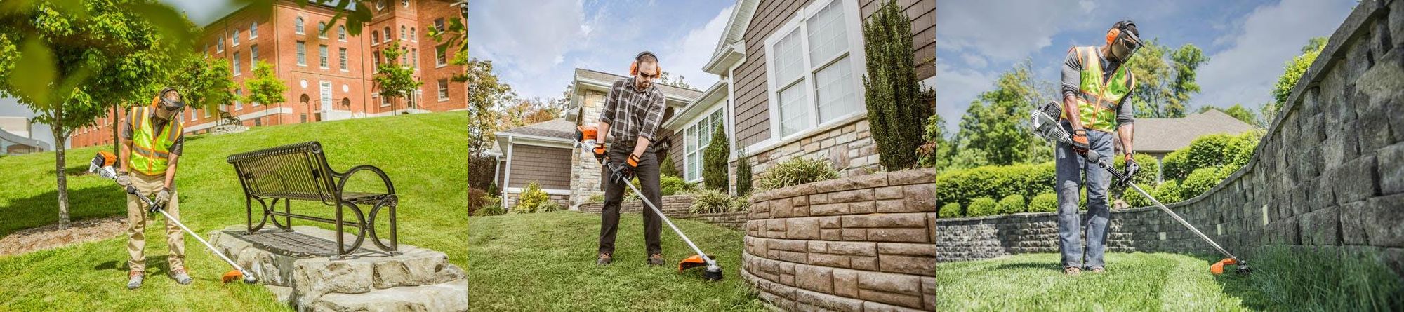 Homeowner trimming tall grass next to a stone retaining wall with a STIHL brush cutter