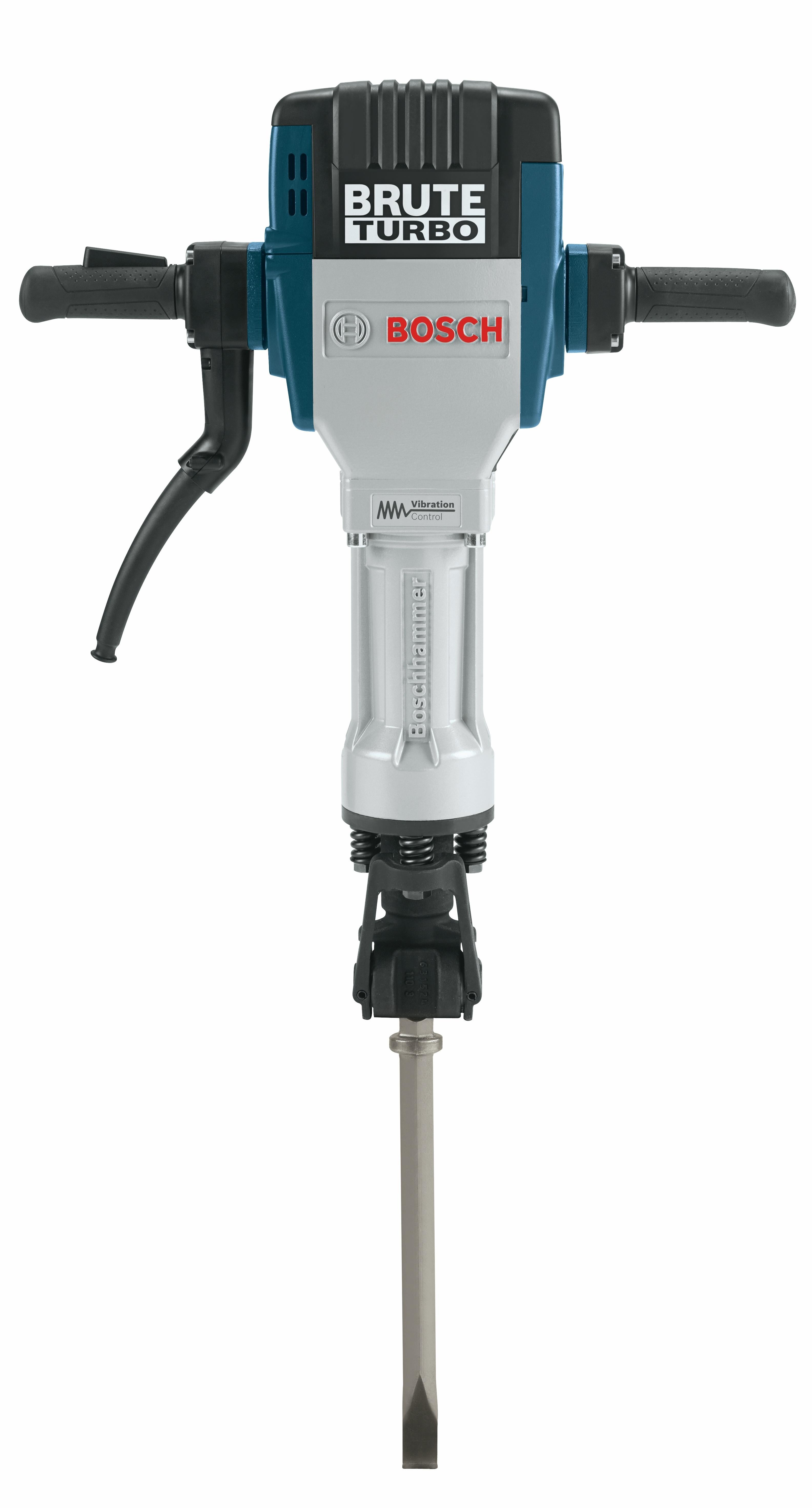 Bosch Brute Turbo 1-1/8 inch hex breaker hammer, studio view with its chisel fitted