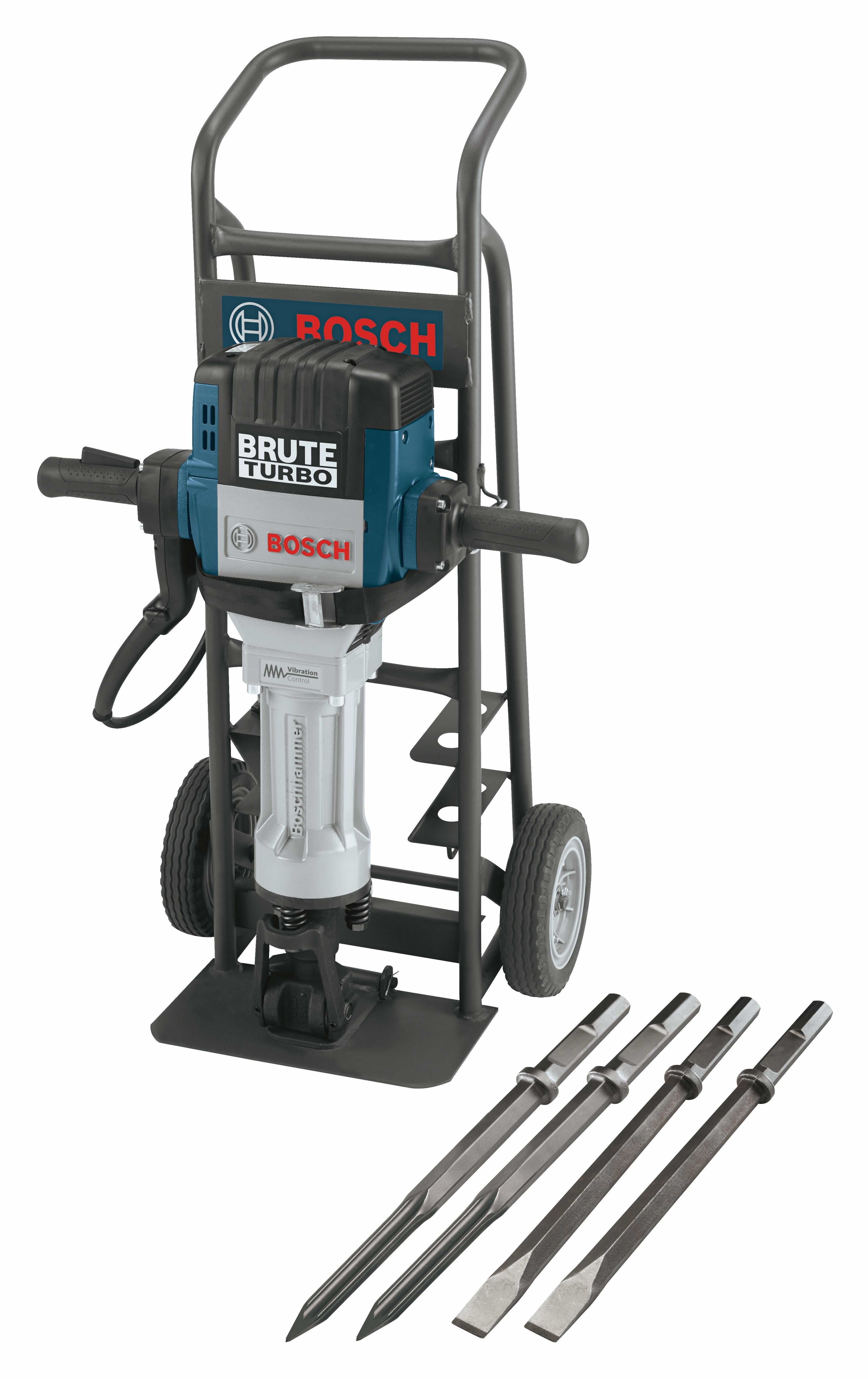 Bosch Brute Turbo breaker hammer on its cart with the four supplied chisels