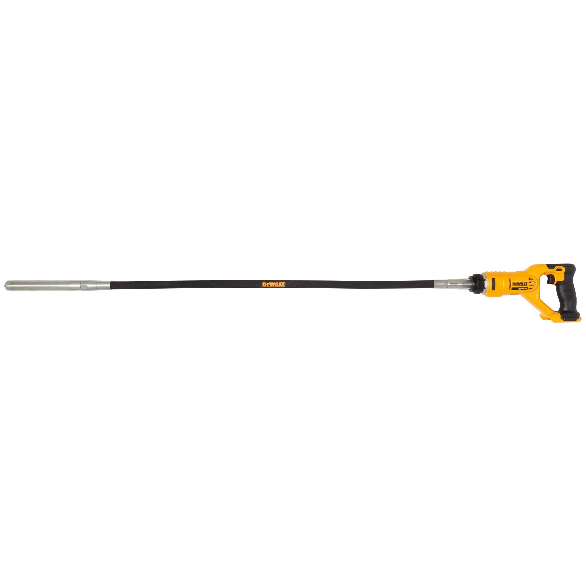 DeWalt 20V MAX concrete pencil vibrator, side view of the tool with its 4 ft flexible shaft