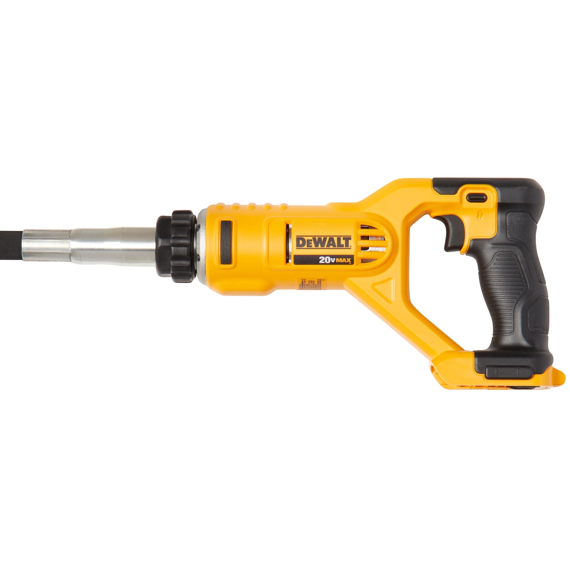 Close-up of the motor housing and grip of the DeWalt 20V MAX concrete pencil vibrator