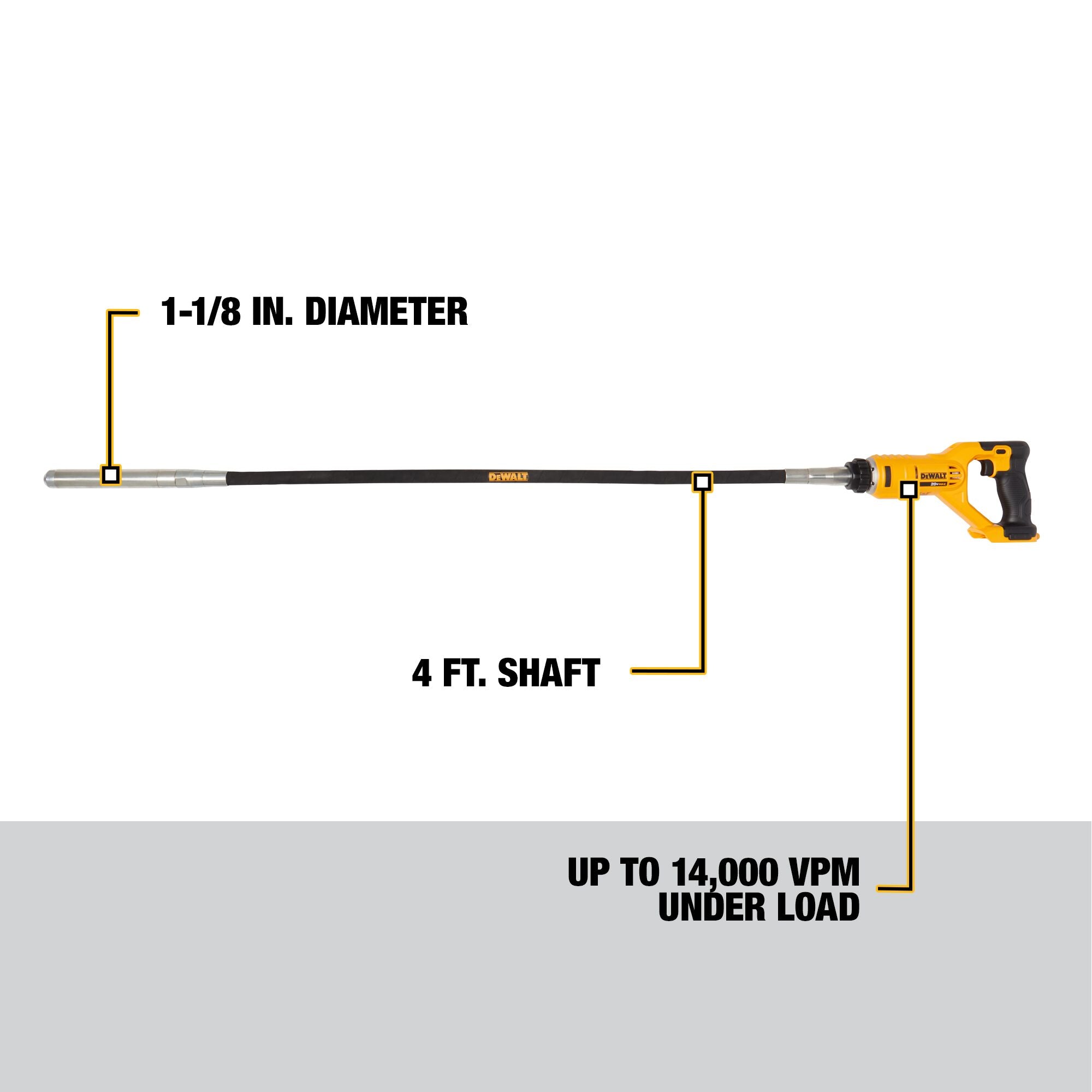 Feature diagram of the DeWalt pencil vibrator: 1-1/8 in head, 4 ft shaft and up to 14,000 VPM under load