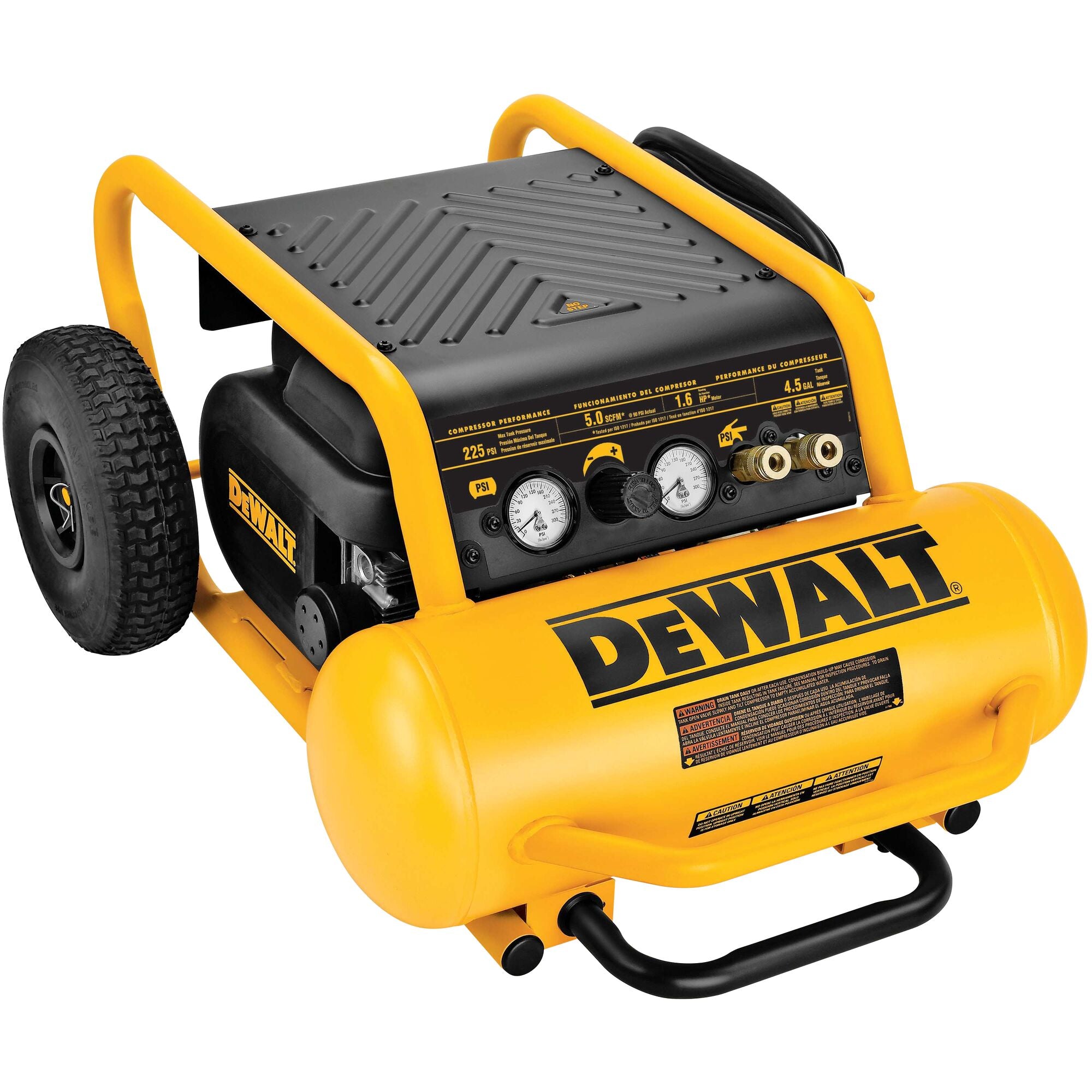DeWalt 4.5 gallon 225 psi air compressor, three-quarter view with the roll cage and wheels