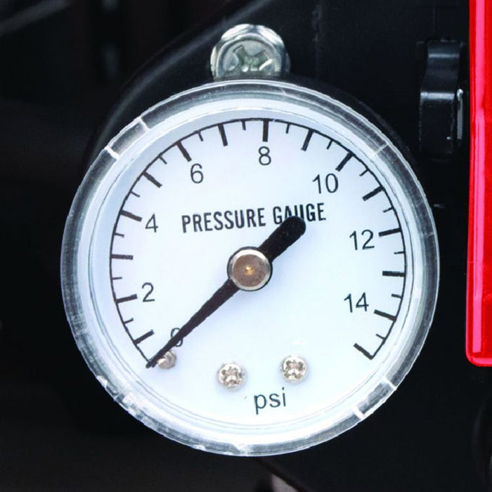 Close-up of the pressure gauge on the control panel of the 220,000 BTU multi-fuel heater