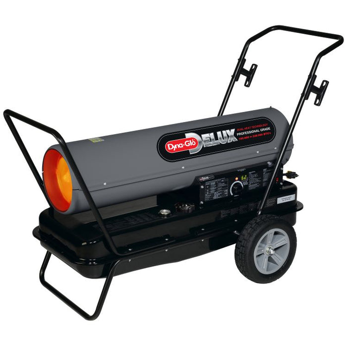 Dyna-Glo Delux 220,000 BTU multi-fuel heater seen at an angle, with its frame and pneumatic wheels