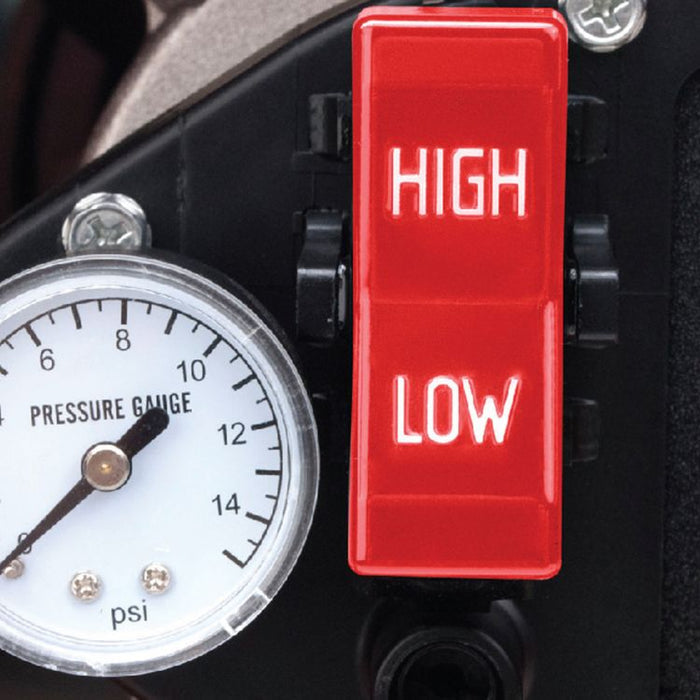 Close-up of the pressure gauge and the high and low output switch on the 220,000 BTU heater