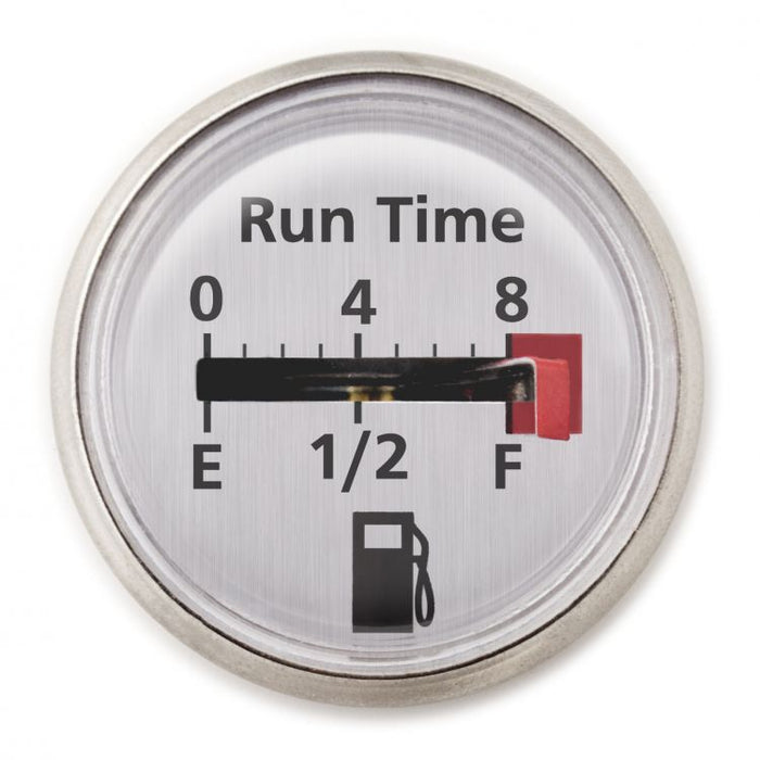 Close-up of the run time fuel gauge of the 220,000 BTU heater, graduated from 0 to 8 hours