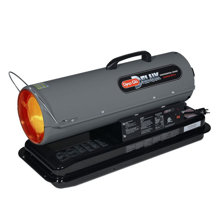 Dyna-Glo Delux 50,000 BTU kerosene forced air heater seen at an angle, with the carry handle and output end