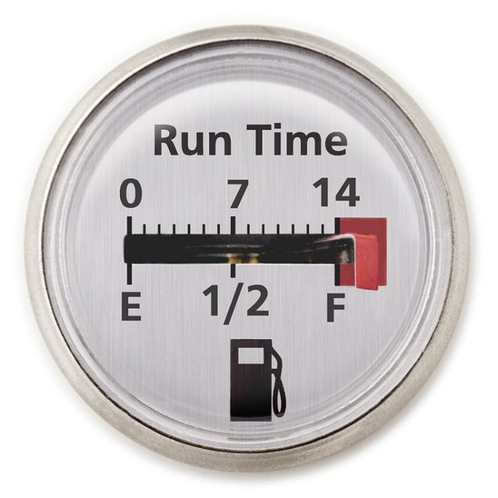 Close-up of the run time fuel gauge of the Dyna-Glo Delux heater, graduated from 0 to 14 hours