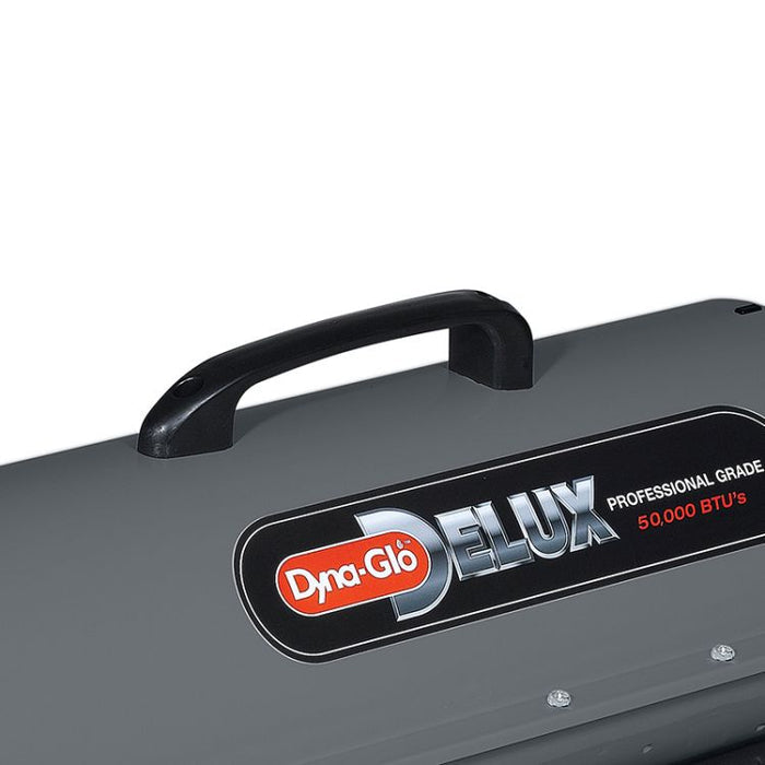 Close-up of the carry handle and Dyna-Glo Delux professional grade badge on the 50,000 BTU heater