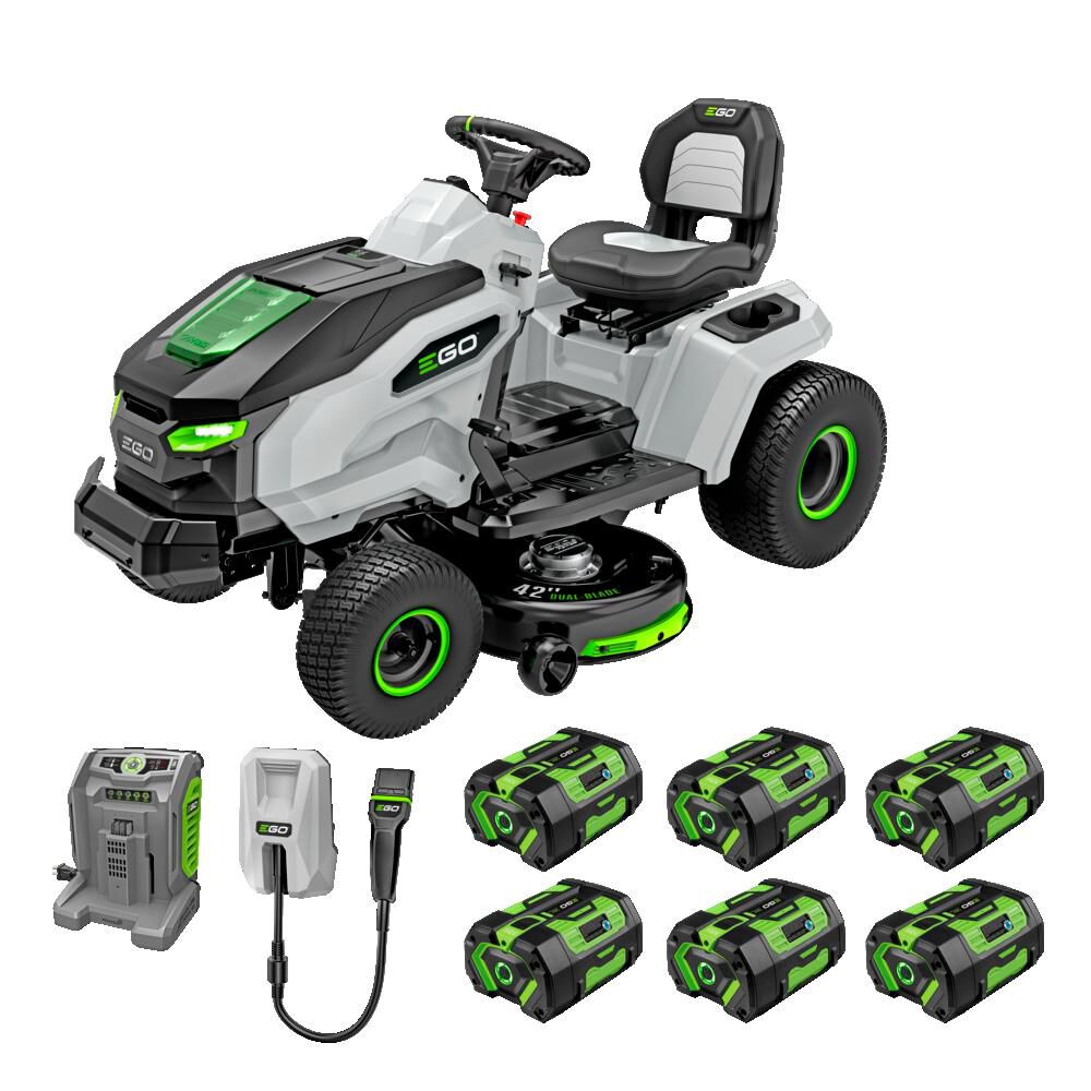 EGO POWER+ T6 42-inch riding lawn tractor kit with charger, adapter and six 6.0Ah batteries
