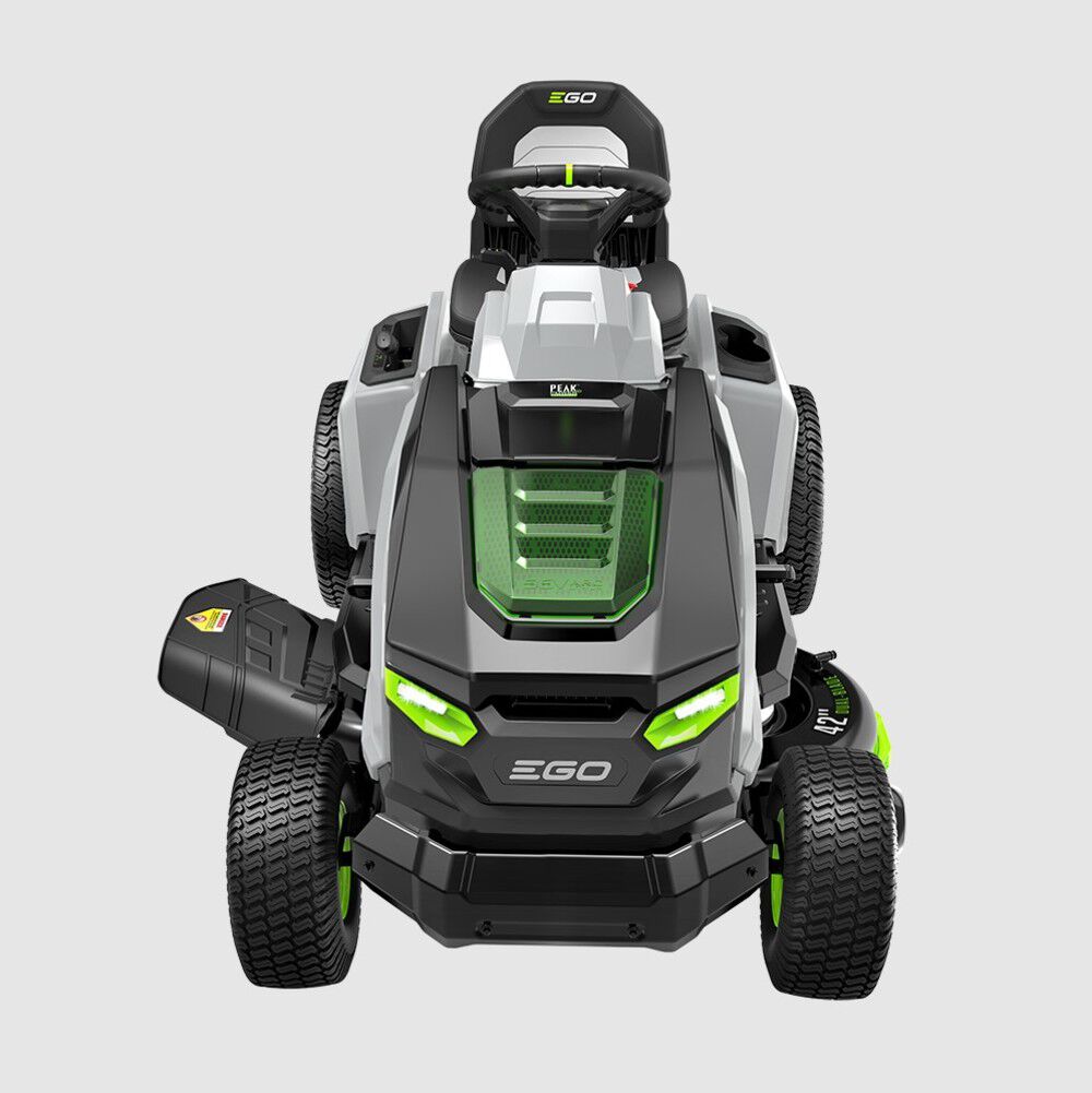 EGO POWER+ T6 42-inch riding lawn tractor seen head-on, with headlights and side discharge chute