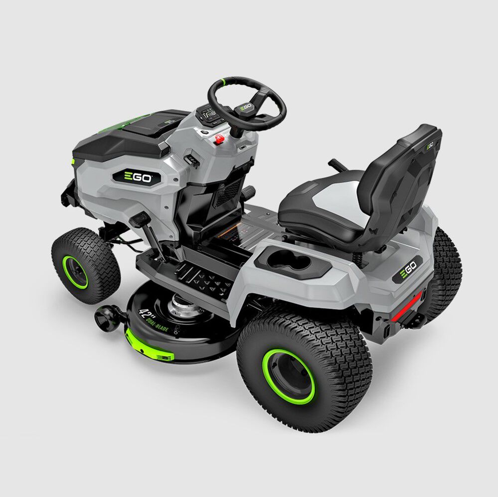 EGO POWER+ T6 42-inch riding lawn tractor seen from above and in front, with steering wheel and seat