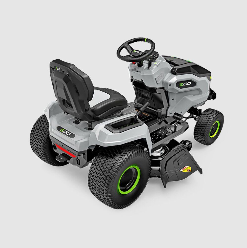 EGO POWER+ T6 42-inch riding lawn tractor, rear three-quarter view with the discharge chute