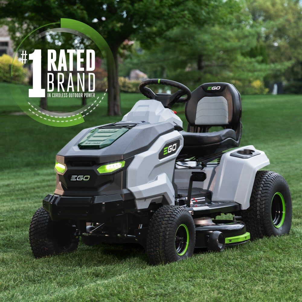 EGO #1 rated brand in cordless outdoor power: the T6 42-inch riding lawn tractor on a lawn