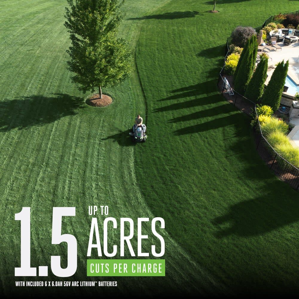 Up to 1.5 acres cut per charge: aerial view of the EGO T6 lawn tractor mowing a large lawn