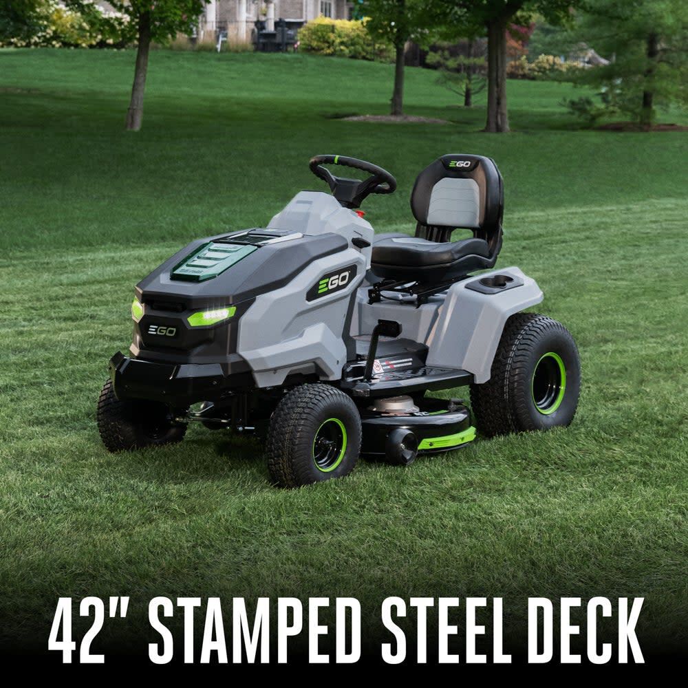42-inch stamped steel deck on the EGO POWER+ T6 riding lawn tractor, parked on a lawn