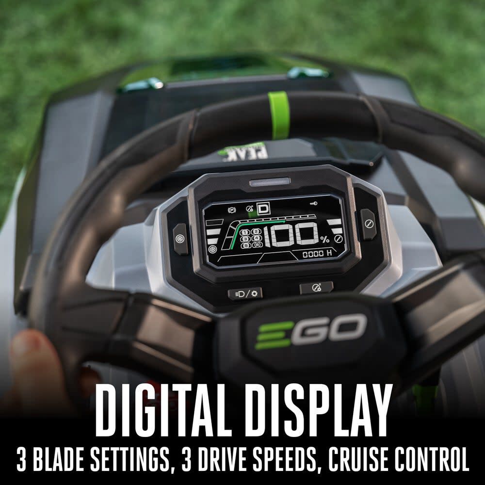 Digital display on the EGO T6 steering wheel: three blade settings, three drive speeds and cruise control