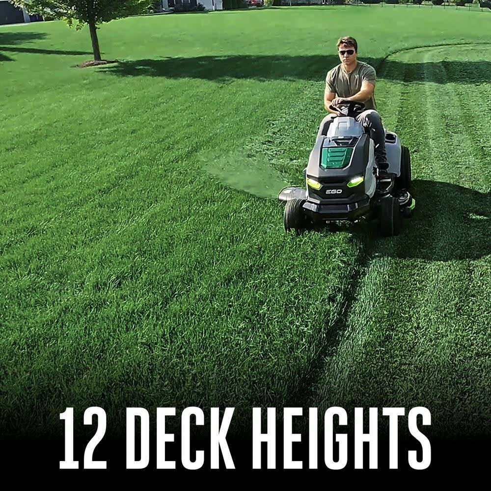 12 deck heights: aerial view of an operator mowing with the EGO POWER+ T6 lawn tractor