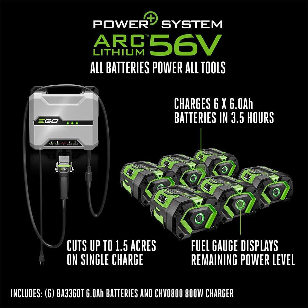 EGO POWER+ 56V ARC Lithium system: 800W charger and six 6.0Ah batteries supplied with the T6 tractor