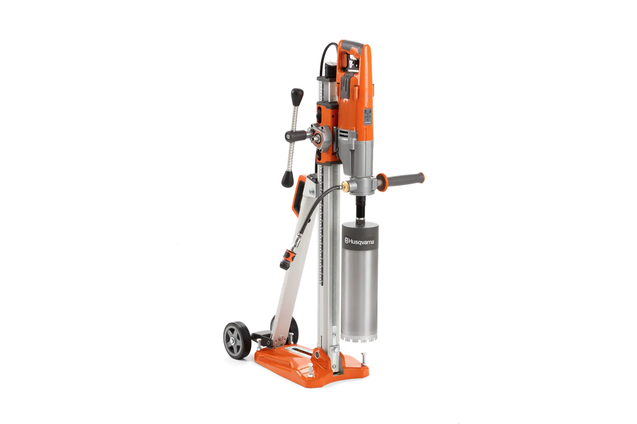 Husqvarna DM 220 coring drill mounted on a DS stand with a core bit fitted