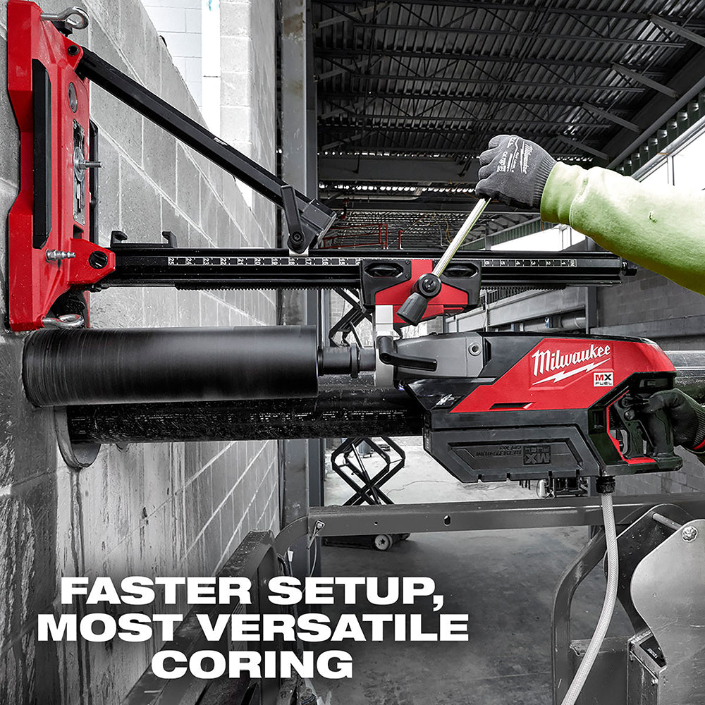 Faster setup, most versatile coring: the MX FUEL core drill on its stand drilling a block wall