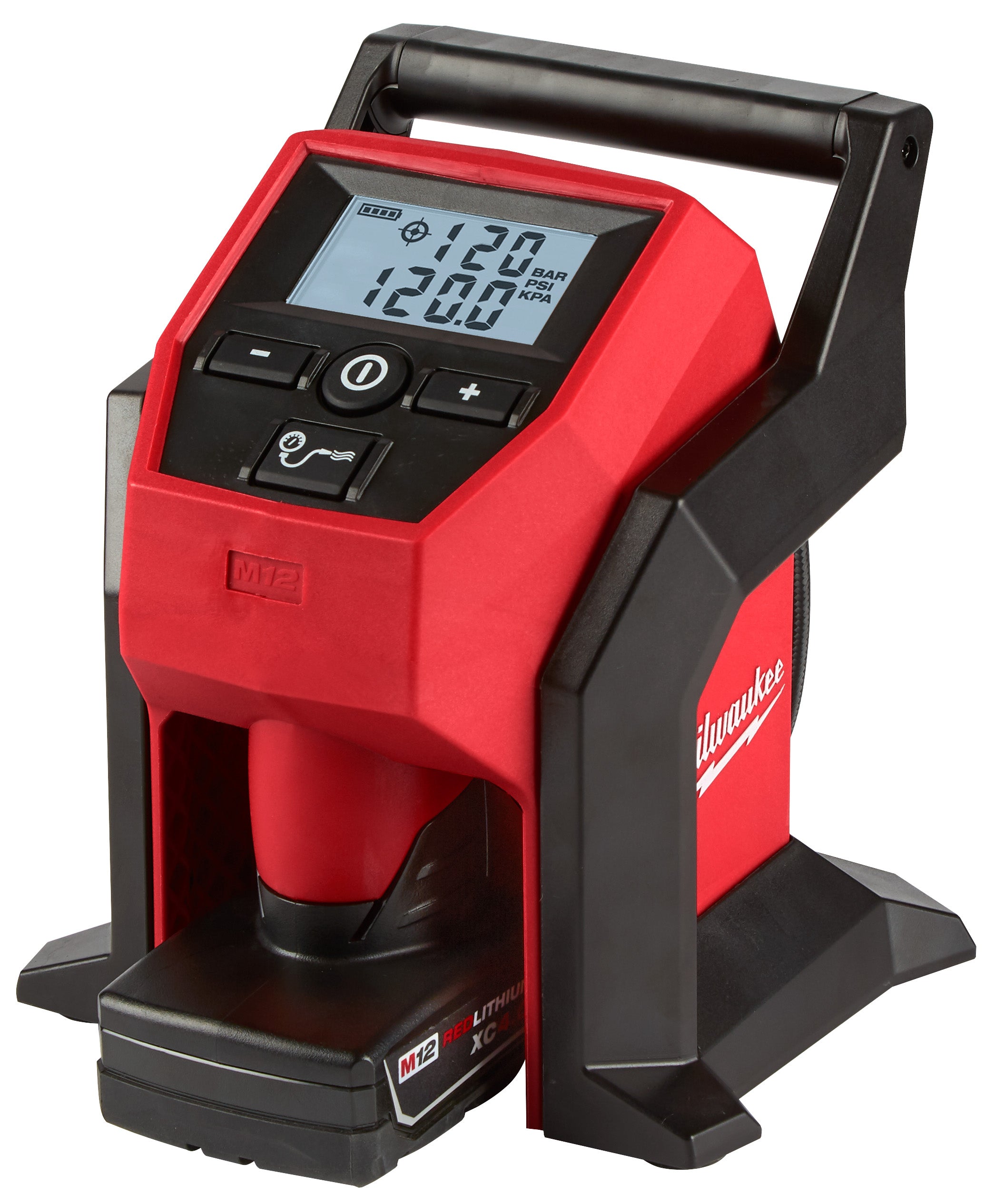 Milwaukee M12 compact inflator, three-quarter view with the XC battery and digital display