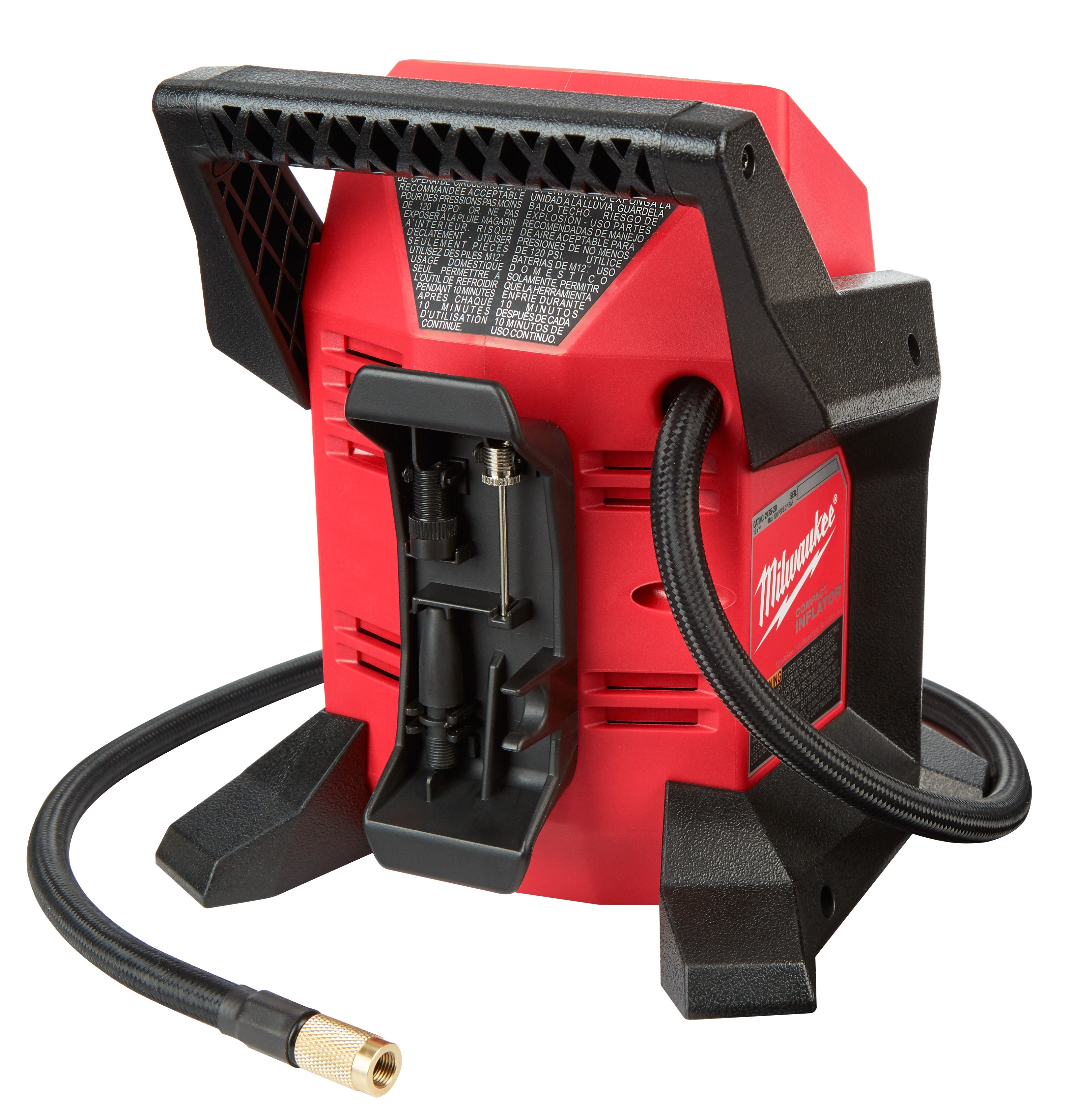 Rear view of the Milwaukee M12 compact inflator with the hose and nozzle stored on the body