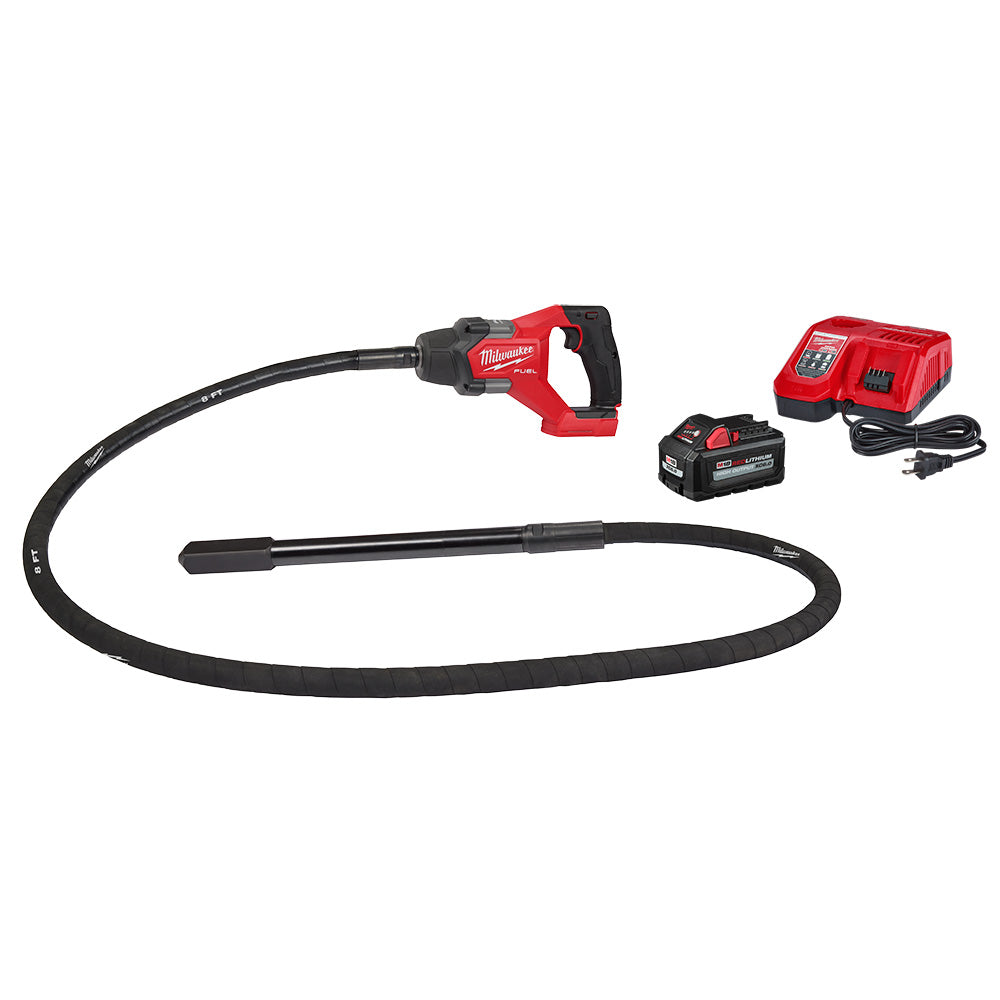Milwaukee M18 FUEL 8 ft pencil vibrator shown with its battery and rapid charger