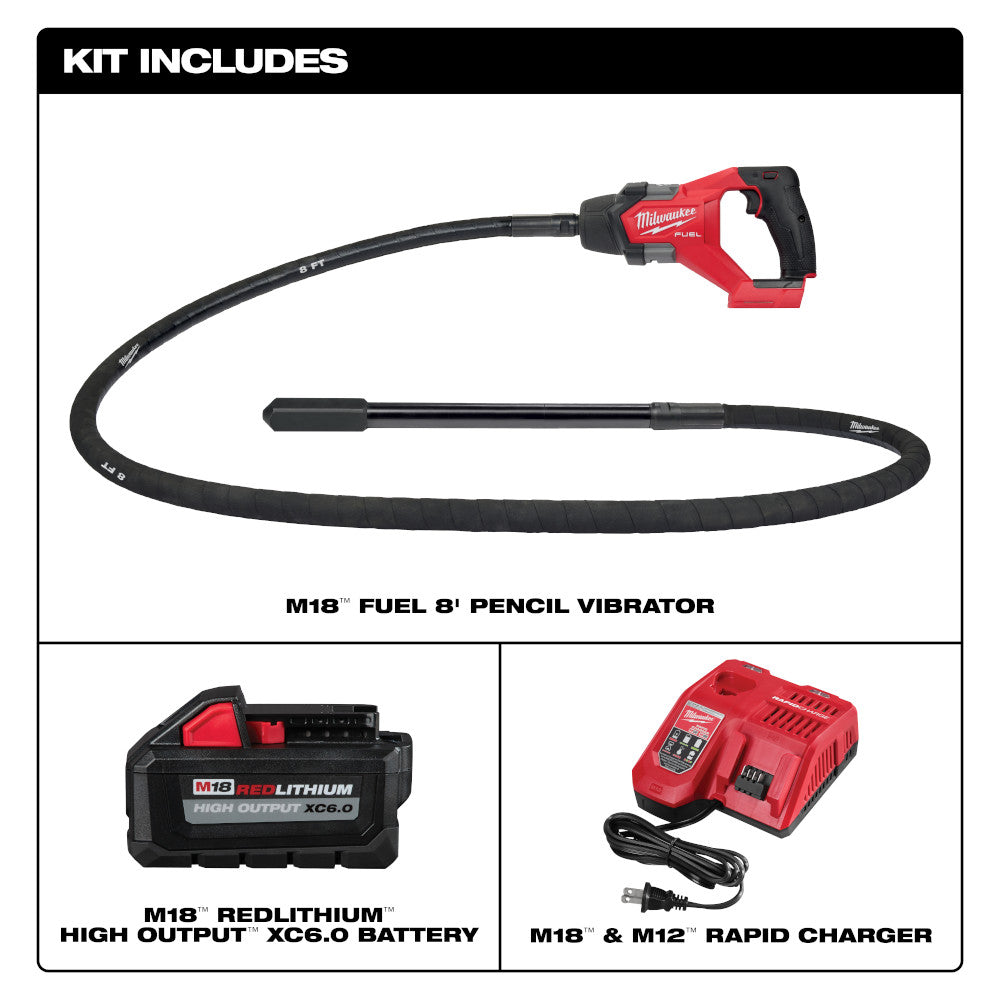 What the 2911-21 kit includes: M18 FUEL 8 ft pencil vibrator, XC6.0 battery and rapid charger