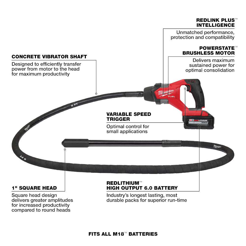 Feature diagram of the M18 FUEL pencil vibrator: brushless motor, variable speed trigger and 1 in square head
