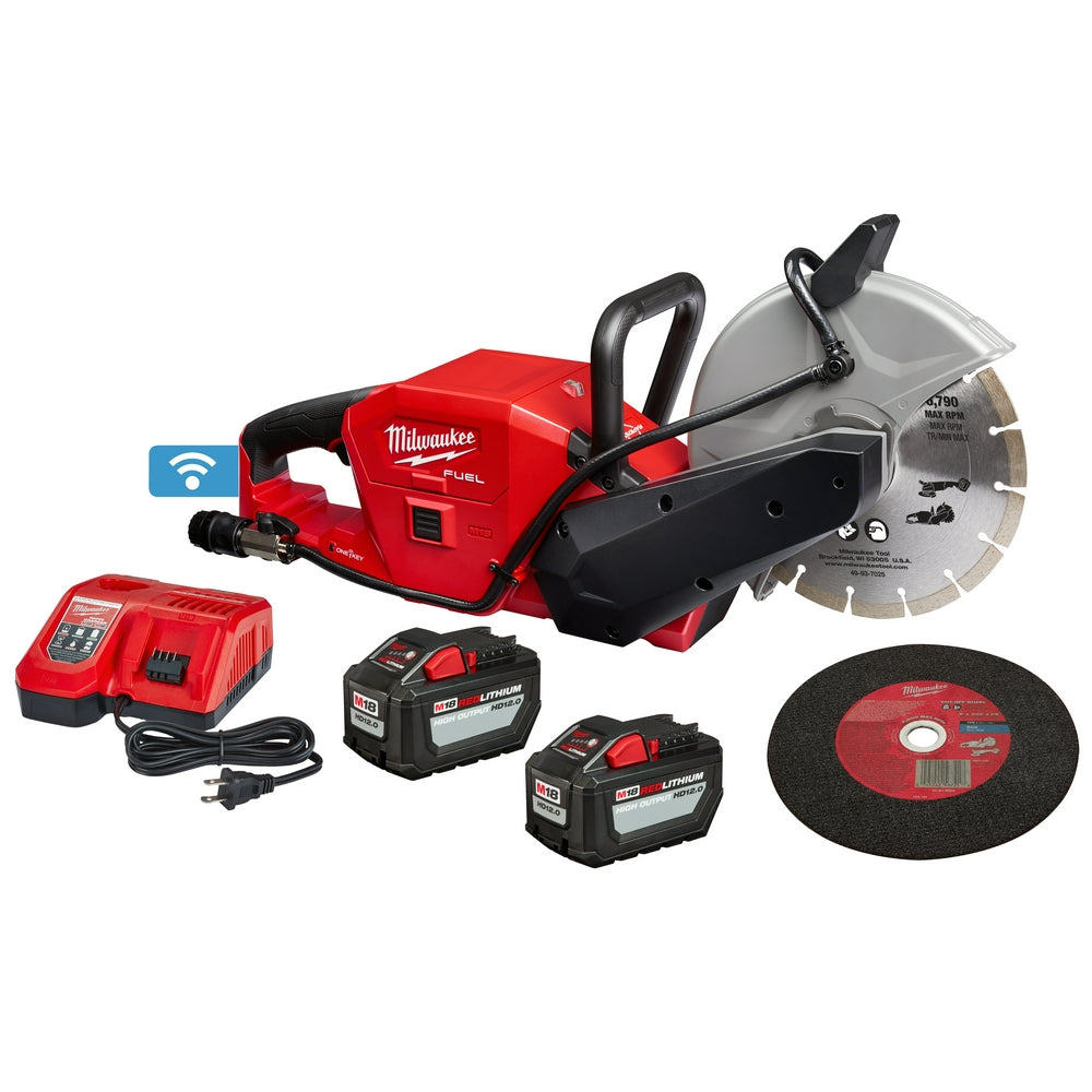 Milwaukee M18 FUEL 9 inch cut-off saw kit with charger, two HD12.0 batteries and two blades