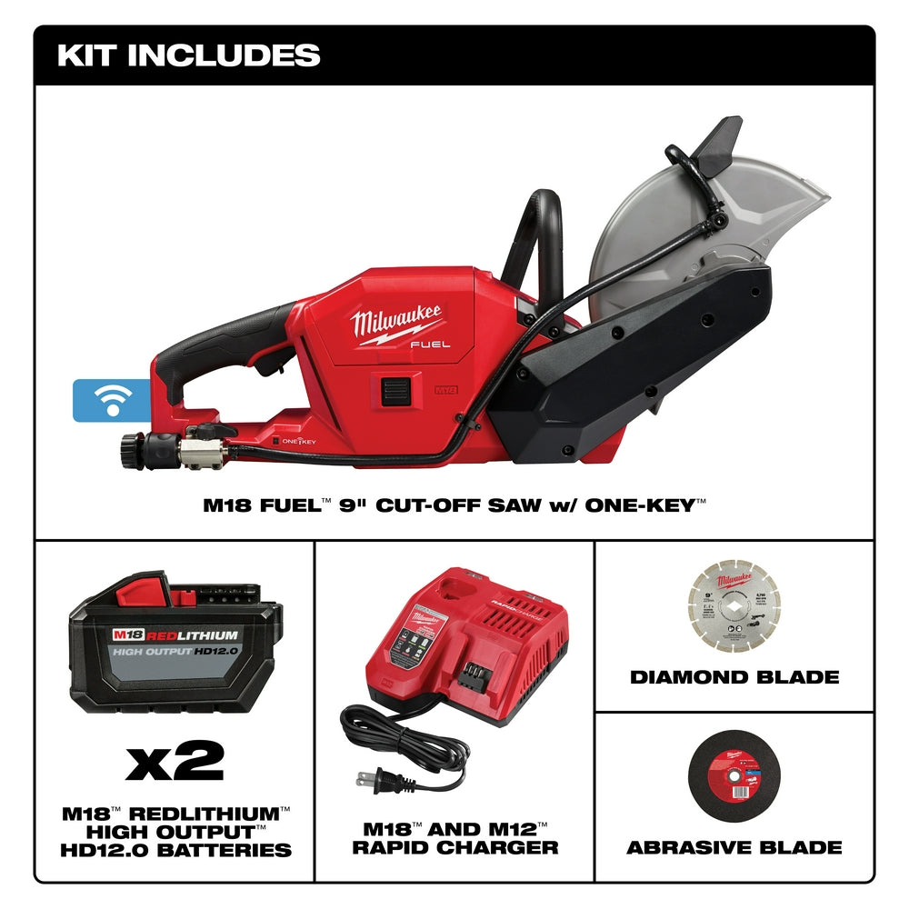 What the 2786-22HD kit includes: M18 FUEL 9 in cut-off saw, two batteries, charger and two blades