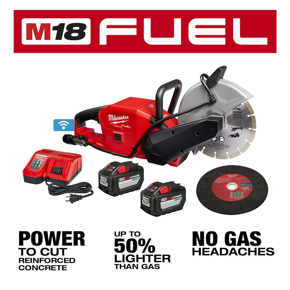 M18 FUEL 9 inch cut-off saw kit: power to cut reinforced concrete, 50 per cent lighter, no gas headaches