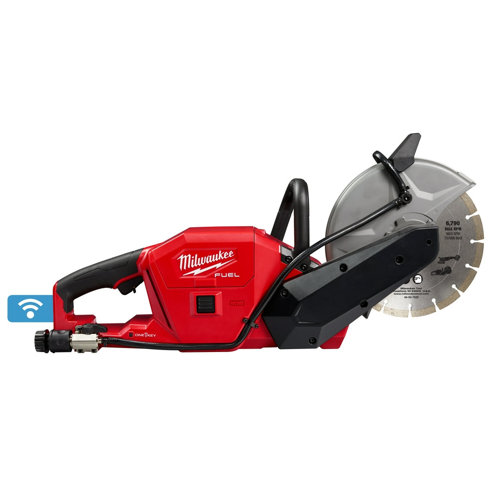 Milwaukee M18 FUEL 9 inch cut-off saw with ONE-KEY, side view of the bare tool