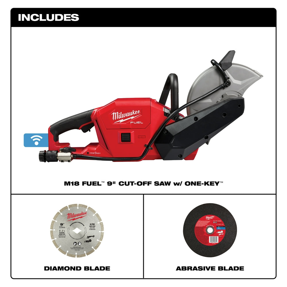 What is included with the 2786-20: M18 FUEL 9 in cut-off saw, diamond blade and abrasive blade