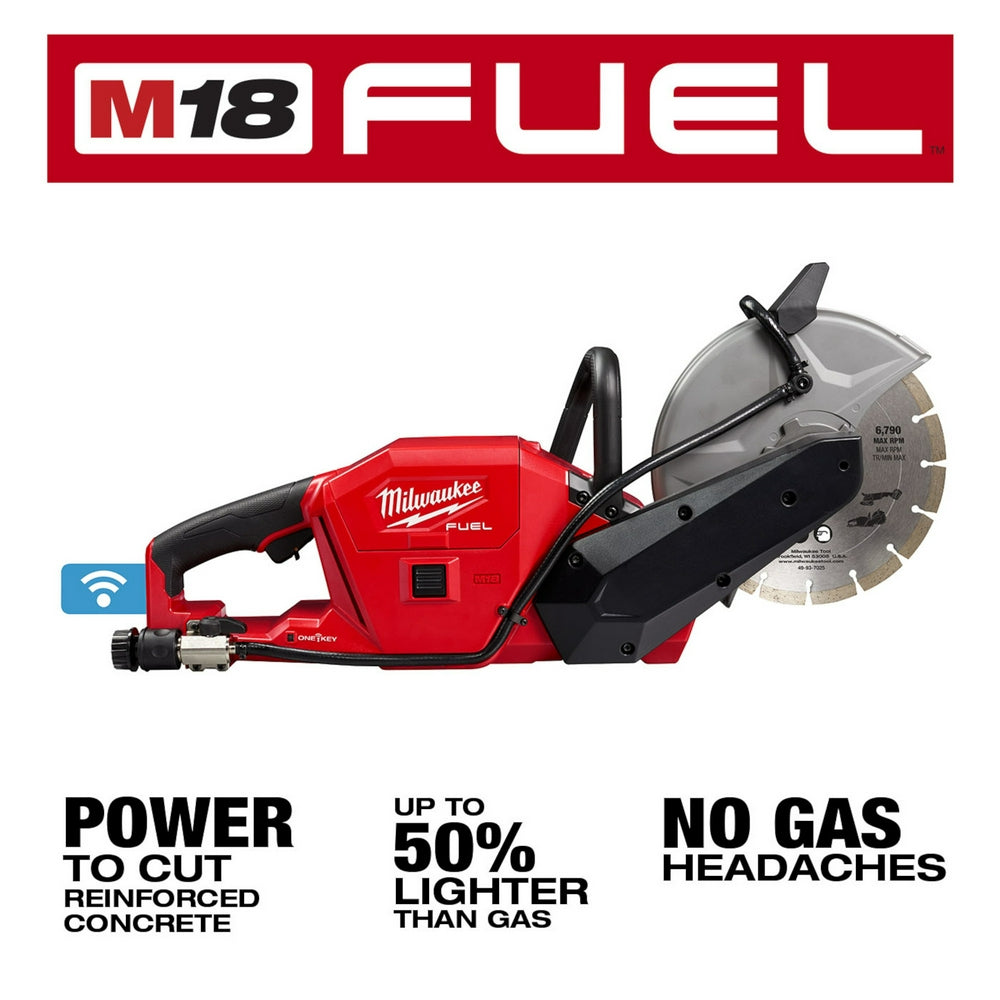 M18 FUEL 9 inch cut-off saw: power to cut reinforced concrete, 50 per cent lighter, no gas headaches