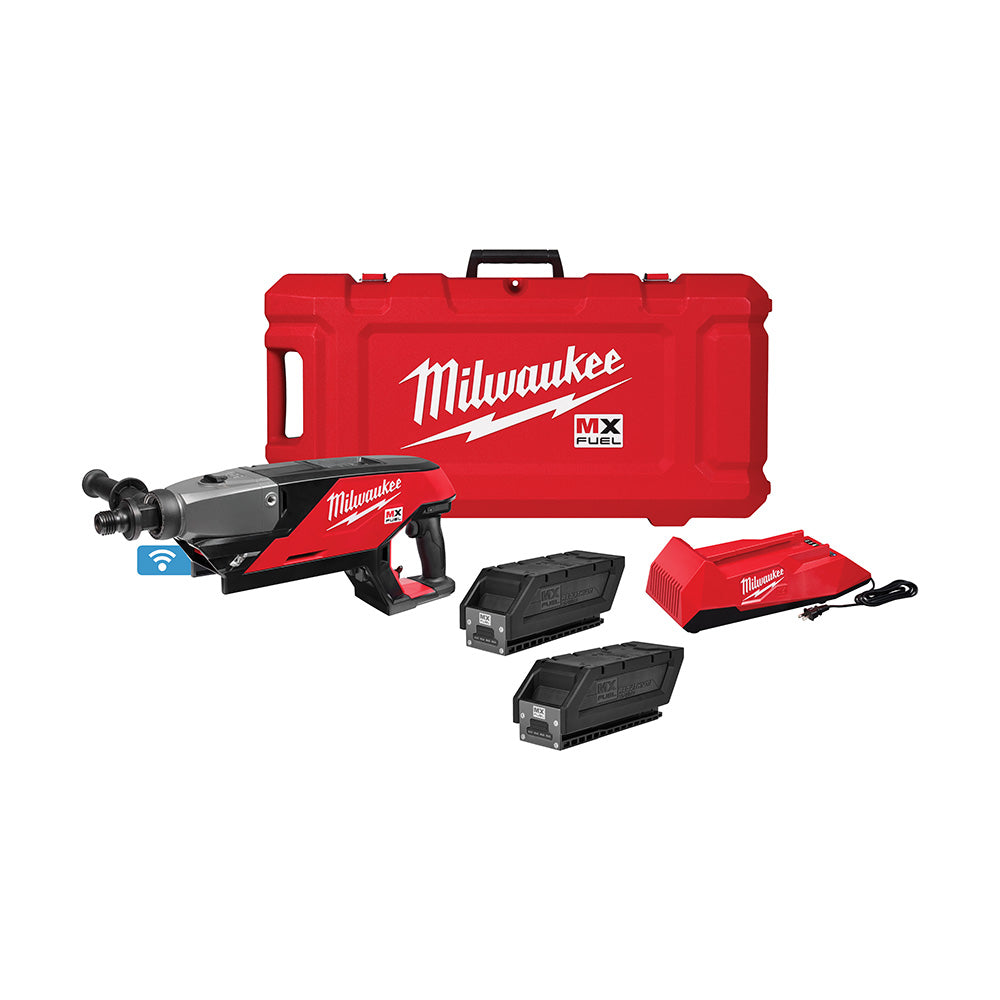 Milwaukee MX FUEL handheld core drill kit with carrying case, two CP203 batteries and charger
