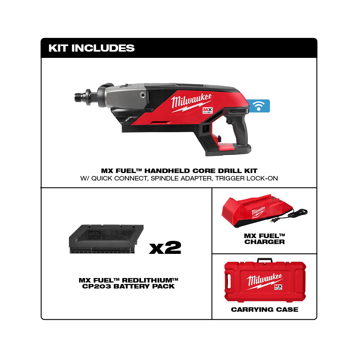 What the MXF301-2CP kit includes: handheld core drill, two CP203 batteries, charger and carrying case