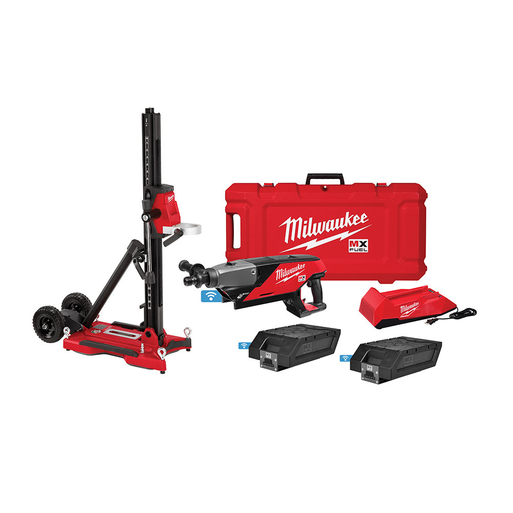 Milwaukee MX FUEL handheld core drill kit with compact stand, case, two batteries and charger