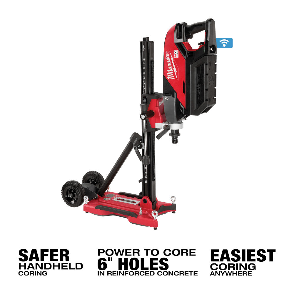 MX FUEL handheld core drill on its compact stand: safer coring, 6 in holes in reinforced concrete
