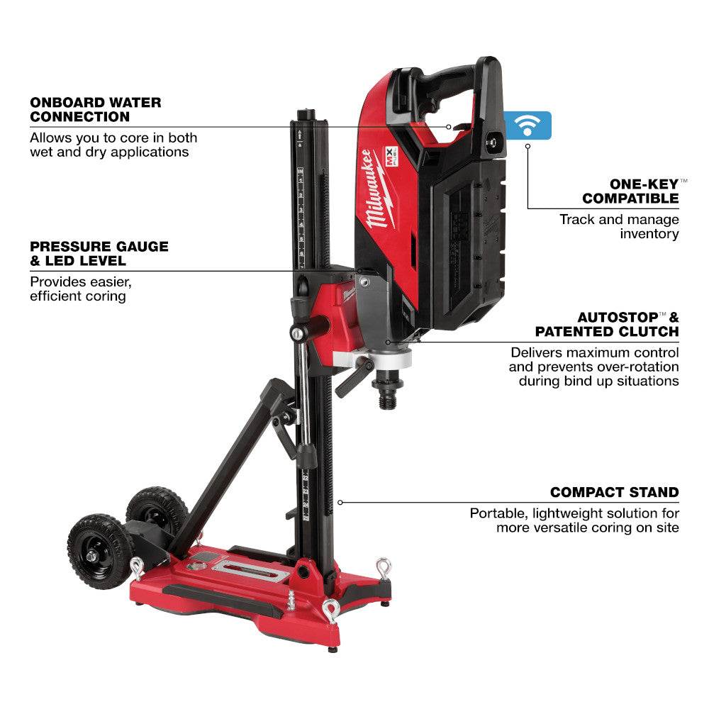 Feature diagram of the core drill and compact stand: water connection, pressure gauge and AUTOSTOP clutch