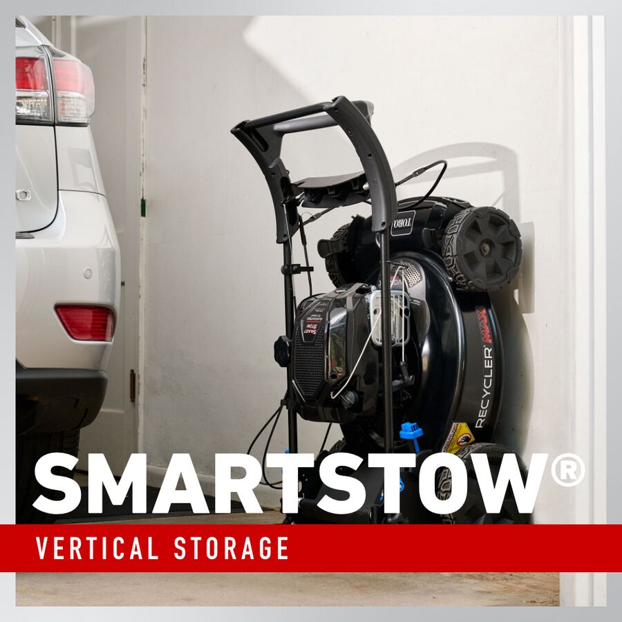 toro-22-inch-recycler-max-gas-lawn-mower-with-personal-pace-smartstow-12.jpg: Toro 22-inch Recycler Max self-propelled gas lawn mower with SmartStow vertical storage